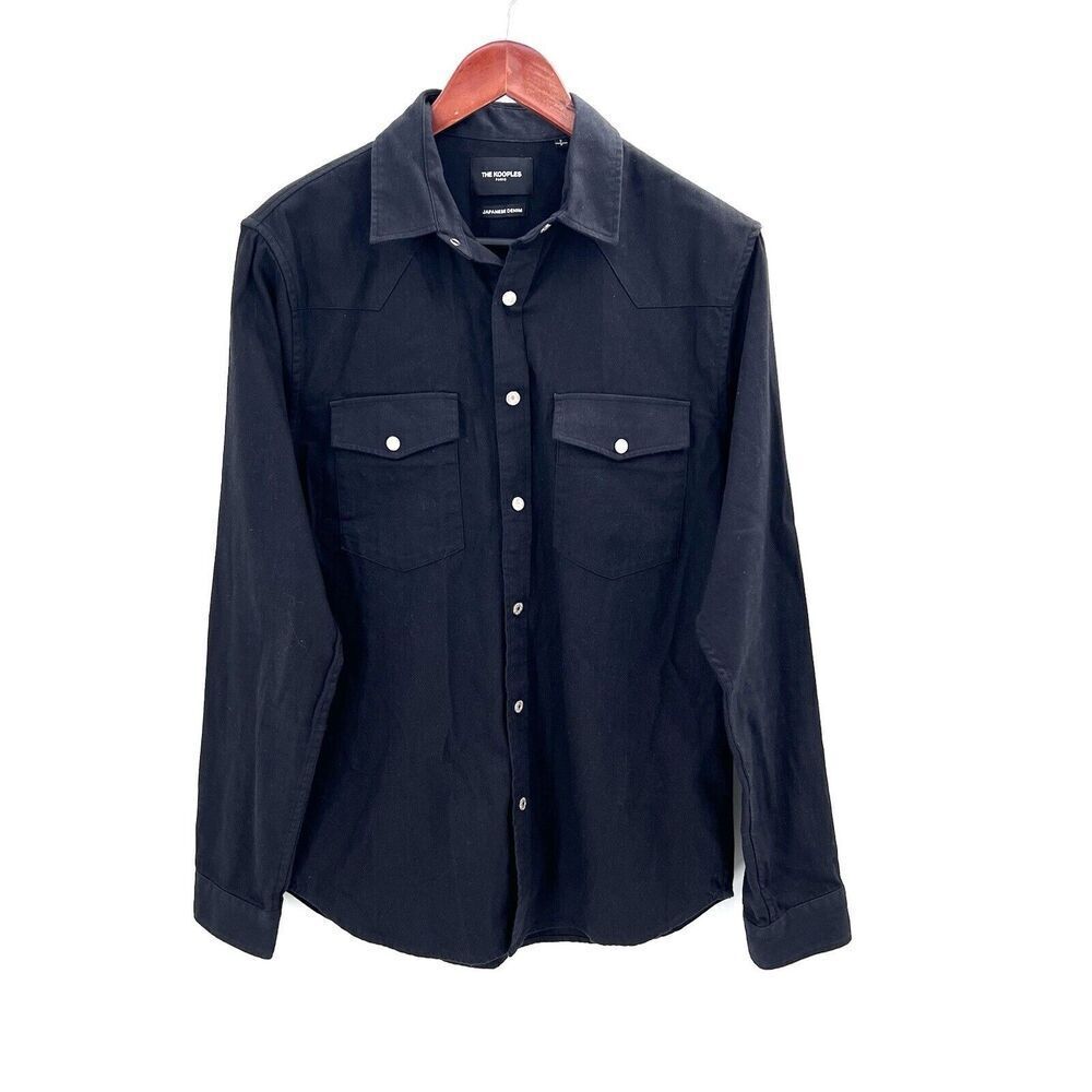 The Kooples Black Japanese Denim Long Sleeve Snap Front Shirt Top